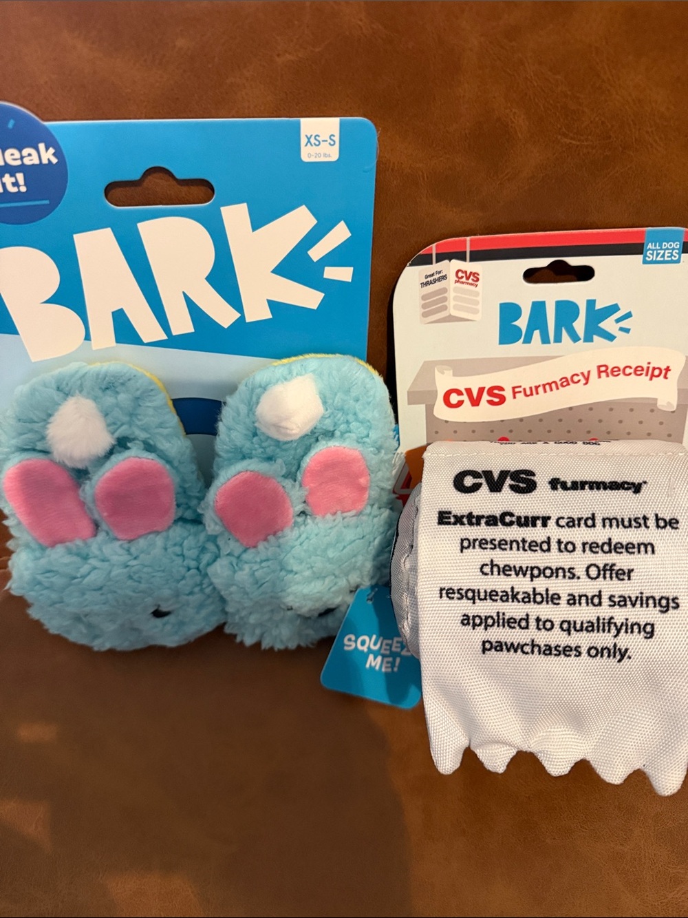 Bark CVS receipt and Plush Blue Bunny slippers Dog Toys